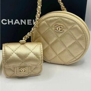 CHANEL BEAUTE VIP GIFT Gold Quilted Mini Round Crossbody with Coin Pouch